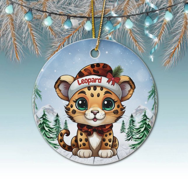 Christmas Leopard Spots Kitty Cat Lovers 🐆🐈🐾 Ceramic Tree Decoration (Custom Name Leopard Christmas Ornament Customizable Cat Decoration Personalizable Kitty Decor 🐆🎄)