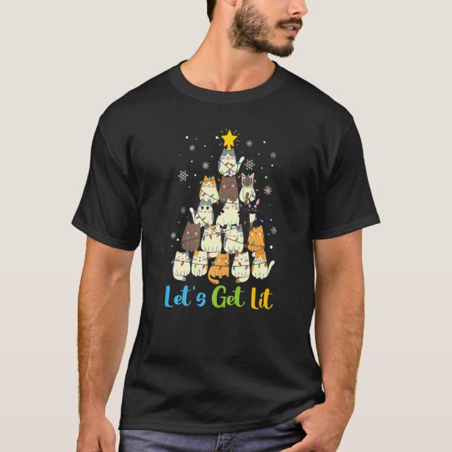 Christmas Let's Get Lit Cats Christmas Tree Cat T-Shirt (Front)