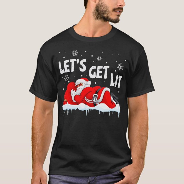 Christmas Let's Get Lit Santa Xmas Drinking Funny  T-Shirt (Front)