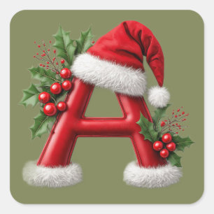 🎄 Christmas Letter A Santa Hat Holiday Decor 🎅 Square Sticker