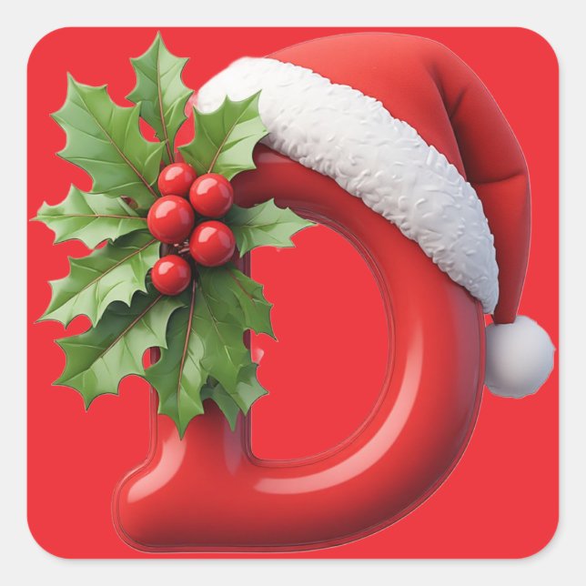 Christmas Letter D Decorated With Santa Hat Square Sticker (Front)
