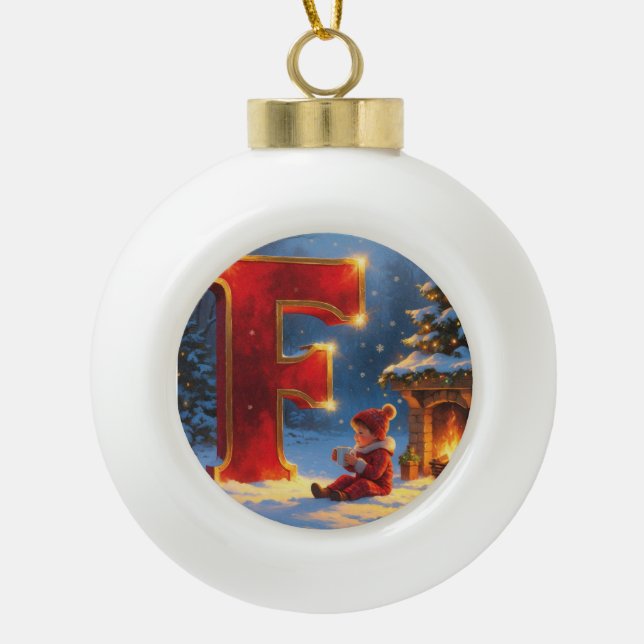 Christmas Letter F Ornament | Red Gold Monogram (Front)