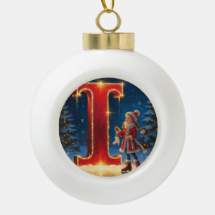 Christmas Letter I Ornament   Red Gold Monogram