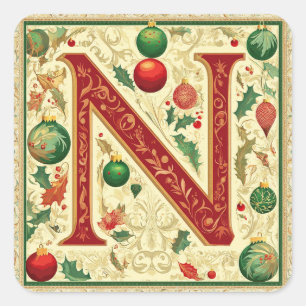 Christmas Letter N: Red, Green, Gold Festive Square Sticker