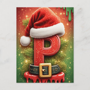 Christmas Letter P Santa Hat Candy Cane Accents Postcard