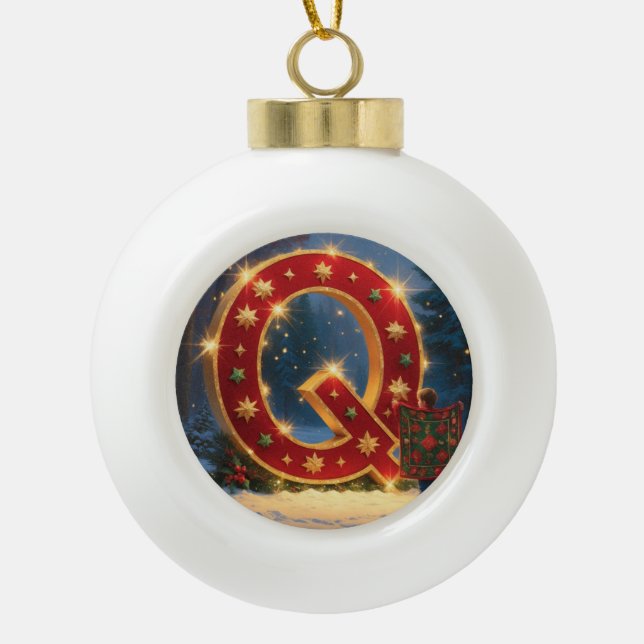 Christmas Letter Q Ornament | Red Gold Monogram (Front)