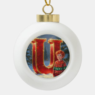 Christmas Letter U Ornament   Red Gold Monogram