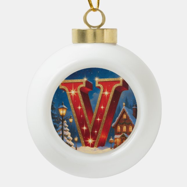 Christmas Letter V Ornament | Red Gold Monogram (Front)