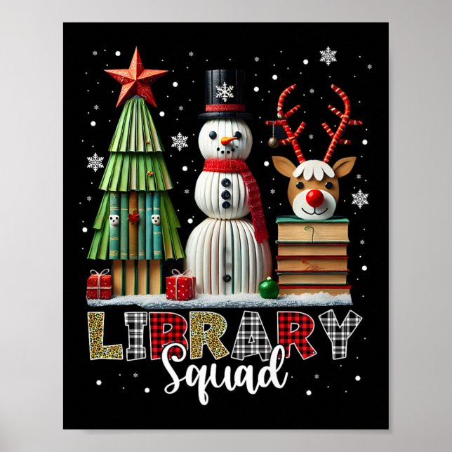 Christmas Librarian Books Xmas Tree Snowman Reinde Poster (Front)
