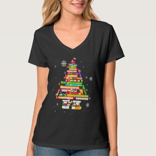 Christmas Library Tree Librarian Book Lover T-Shirt (Front)