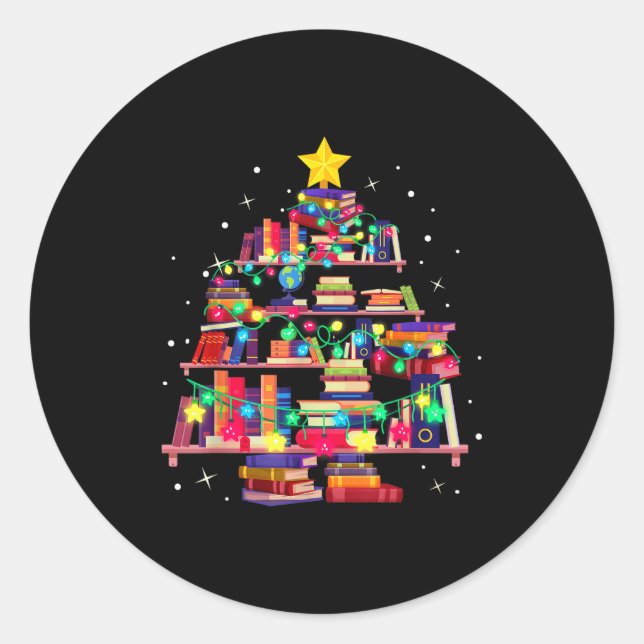 Christmas Library Tree Love Reading Books Nerd Tea Classic Round Sticker (Front)