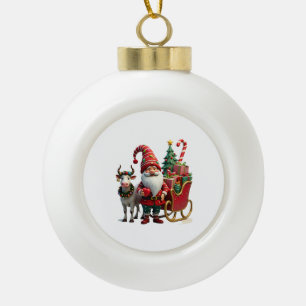 Christmas Light Gnome Santa Claus Riding Sleigh Hi Ceramic Ball Christmas Ornament