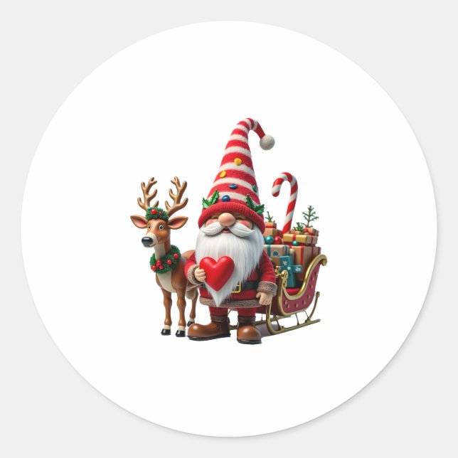 Christmas Light Gnome Santa Claus Riding Sleigh Hi Classic Round Sticker (Front)