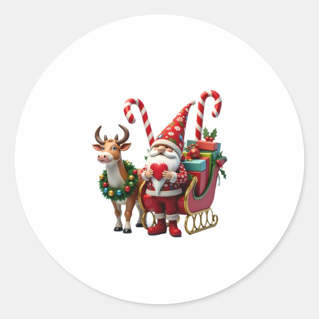 Christmas Light Gnome Santa Claus Riding Sleigh Hi Classic Round Sticker (Front)