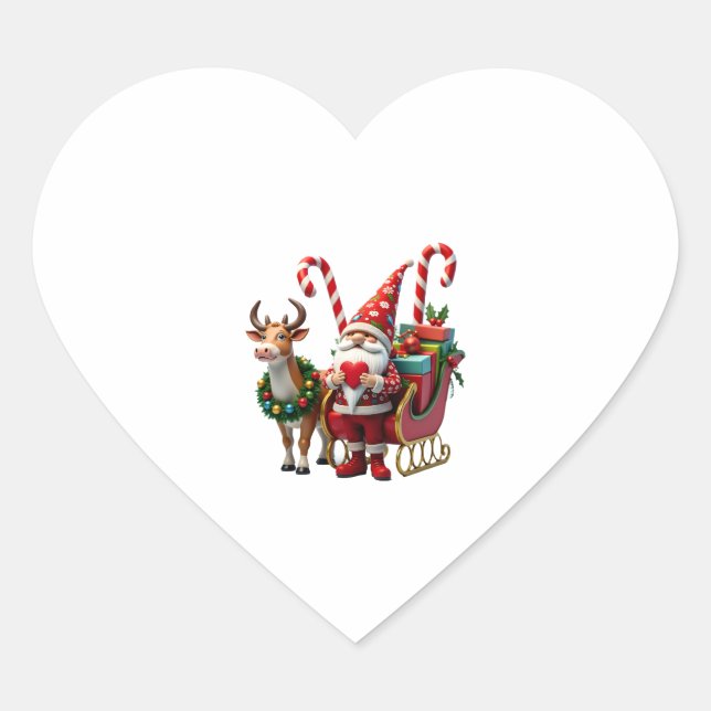 Christmas Light Gnome Santa Claus Riding Sleigh Hi Heart Sticker (Front)