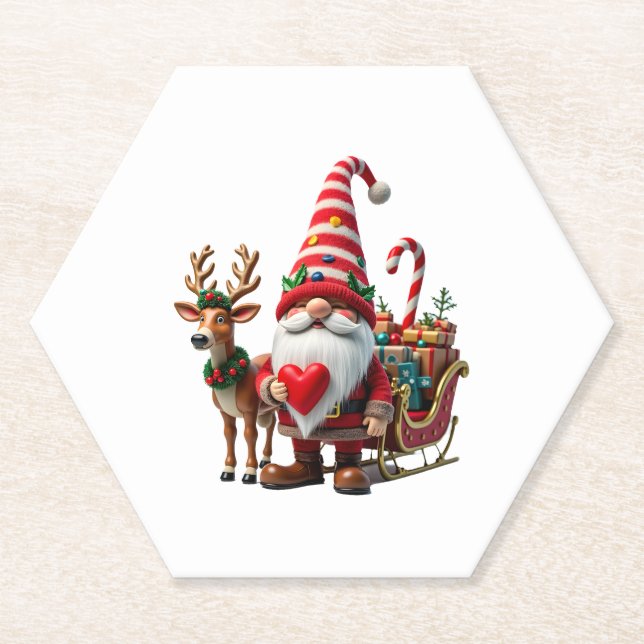 Christmas Light Gnome Santa Claus Riding Sleigh Hi Paper Coaster (Front)
