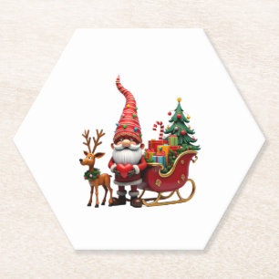 Christmas Light Gnome Santa Claus Riding Sleigh Hi Paper Coaster