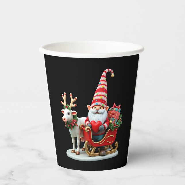 Christmas Light Gnome Santa Claus Riding Sleigh Hi Paper Cups (Front)