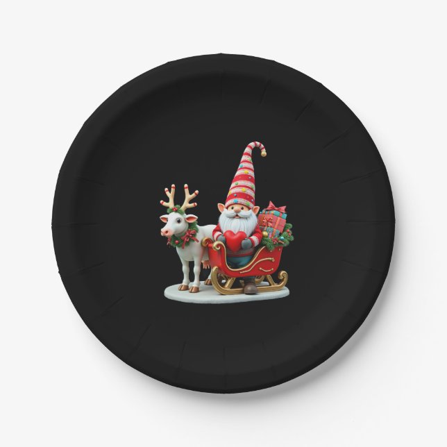 Christmas Light Gnome Santa Claus Riding Sleigh Hi Paper Plate (Front)