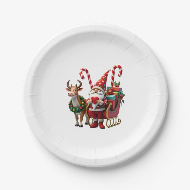 Christmas Light Gnome Santa Claus Riding Sleigh Hi Paper Plate (Front)