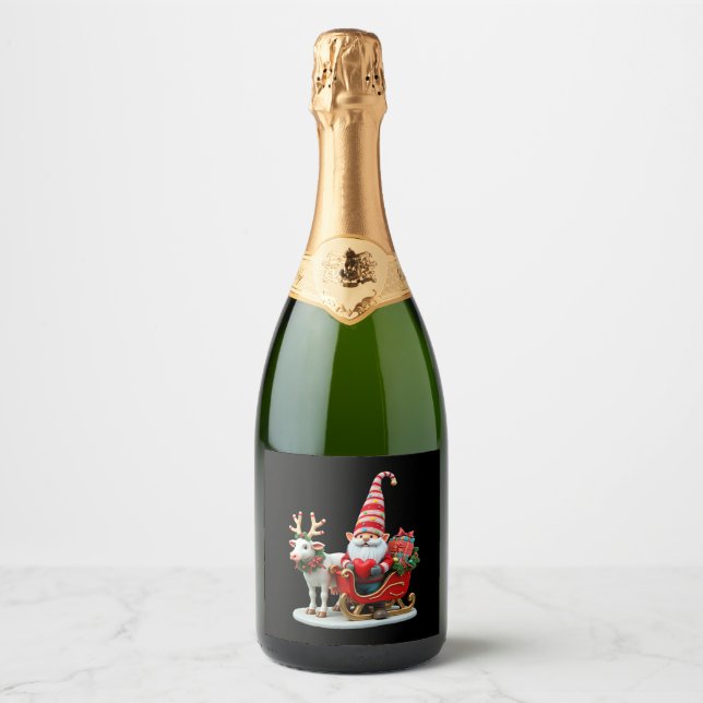Christmas Light Gnome Santa Claus Riding Sleigh Hi Sparkling Wine Label (Front)