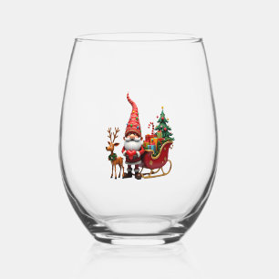 Christmas Light Gnome Santa Claus Riding Sleigh Hi Stemless Wine Glass