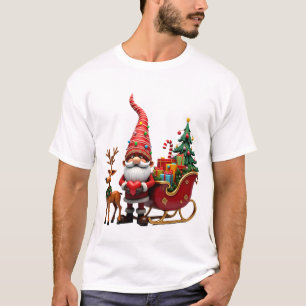 Christmas Light Gnome Santa Claus Riding Sleigh Hi T-Shirt