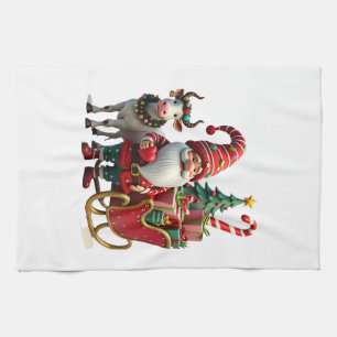 Christmas Light Gnome Santa Claus Riding Sleigh Hi Tea Towel
