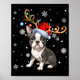 Christmas Light Reindeer Santa Hat Boston Terrier  Poster