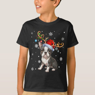 Christmas Light Reindeer Santa Hat Boston Terrier  T-Shirt