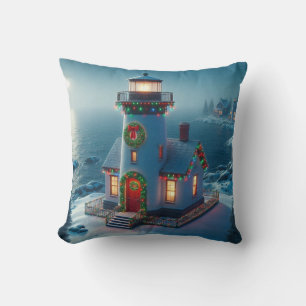 Christmas lighthouse, Coastal Christmas décor Cushion