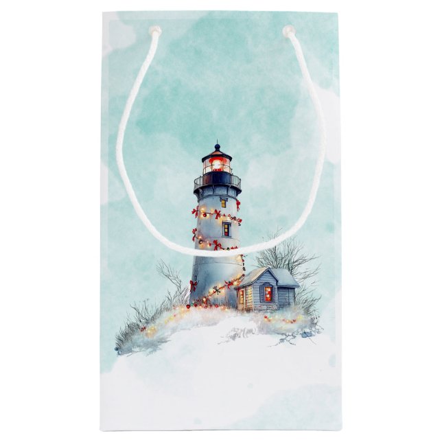 Christmas Lighthouse Coastal Holiday Small Gift Bag (Back)