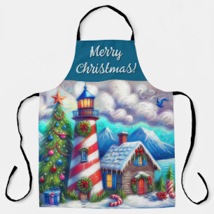 Christmas Lighthouse Nautical Coastal Mountain Apron