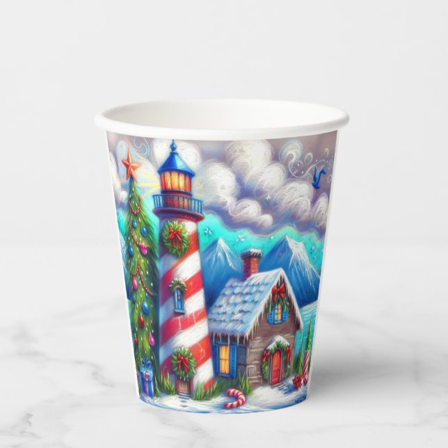 Christmas Lighthouse Nautical Coastal Mountain Paper Cups (Front)