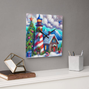 Christmas Lighthouse Nautical Coastal Mountain Square Wall Clock