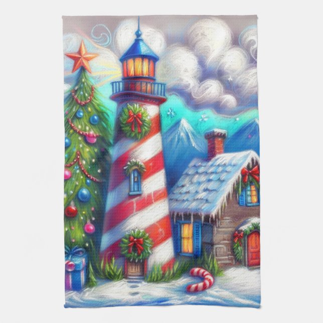 Christmas Lighthouse Nautical Coastal Mountain Tea Towel (Vertical)