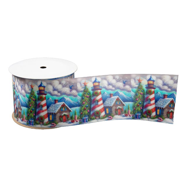 Christmas Lighthouse Nautical Mountain Coastal Satin Ribbon (Spool)