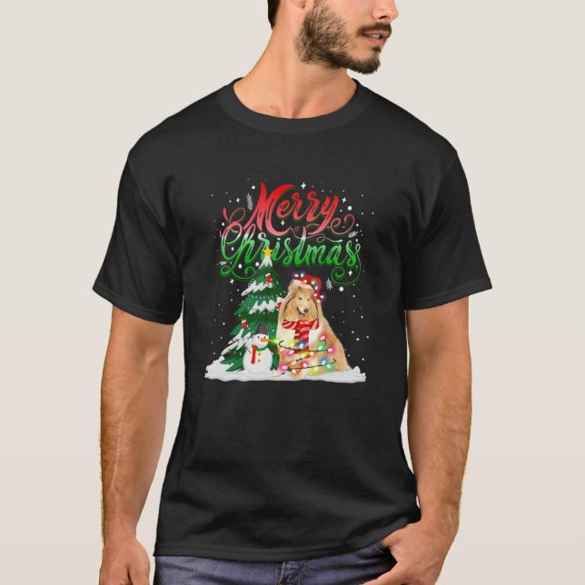 Christmas Lighting Pajama Matching Sheltie Santa X T-Shirt (Front)