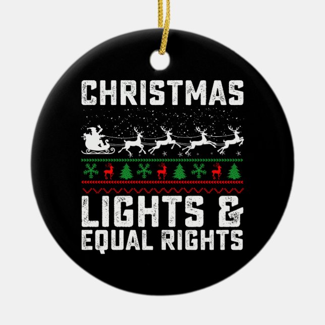 Christmas Lights And Equal Rights Feminist Ceramic Tree Decoration (Front)