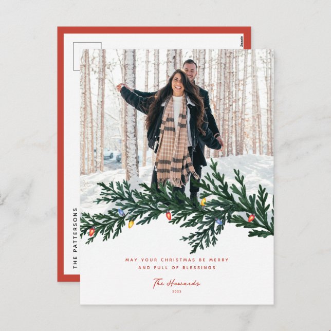 Christmas Lights and Greenery Photo Holiday Postcard (Front/Back)