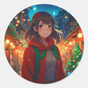 Christmas Lights Anime Girl Classic Round Sticker
