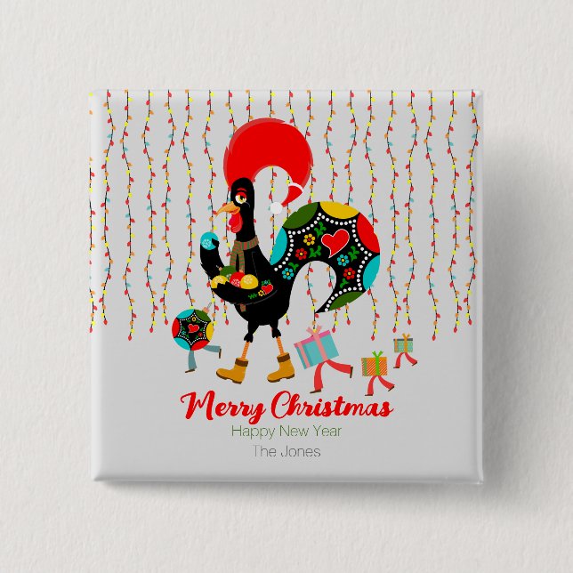 Christmas lights, baubles, presents and Rooster 15 Cm Square Badge (Front)