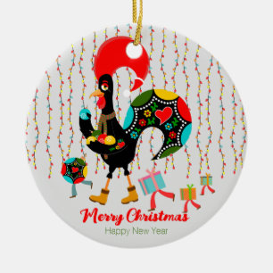 Christmas lights, baubles, presents and Rooster Ceramic Tree Decoration