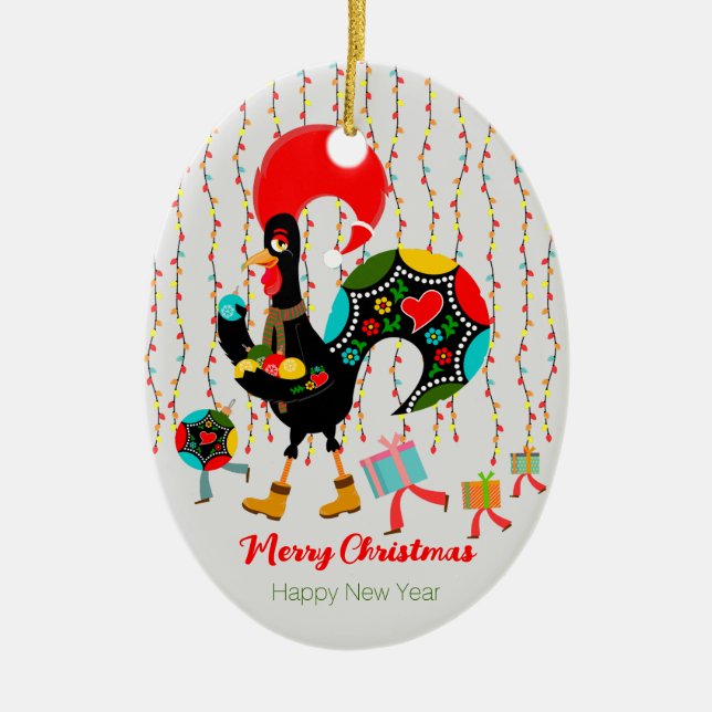 Christmas lights, baubles, presents and Rooster Ceramic Tree Decoration (Front)