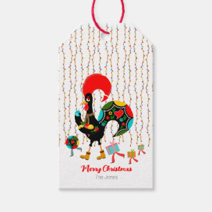 Christmas lights, baubles, presents and Rooster Gift Tags