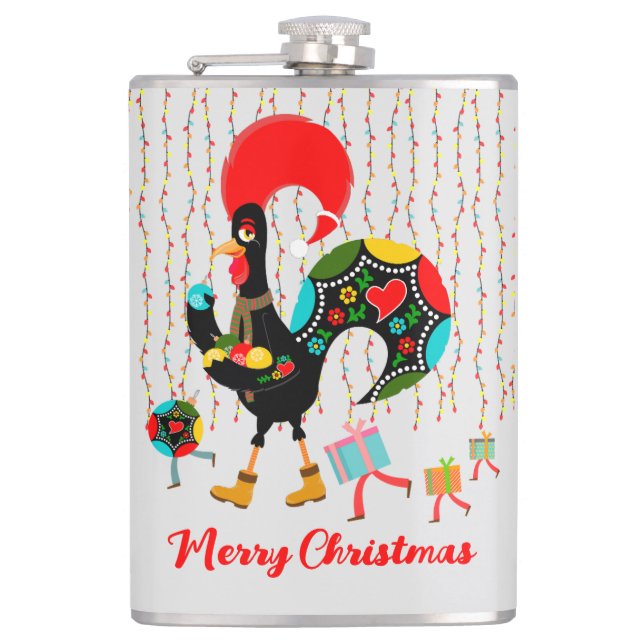 Christmas lights, baubles, presents and Rooster Hip Flask (Front)
