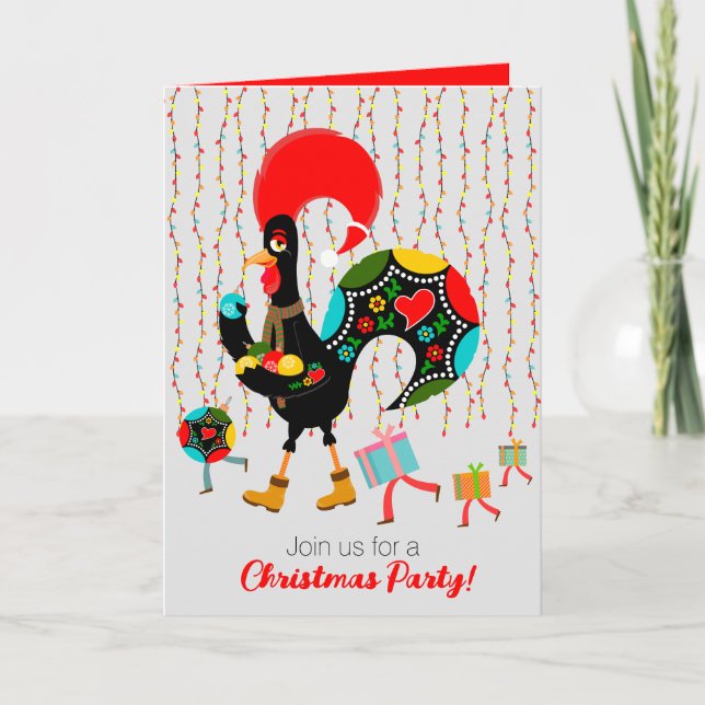 Christmas lights, baubles, presents and Rooster Invitation (Front)