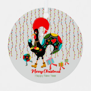 Christmas lights, baubles, presents and Rooster Metal Tree Decoration
