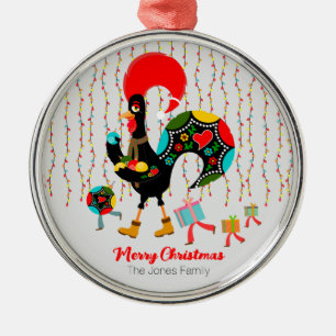 Christmas lights, baubles, presents and Rooster Metal Tree Decoration