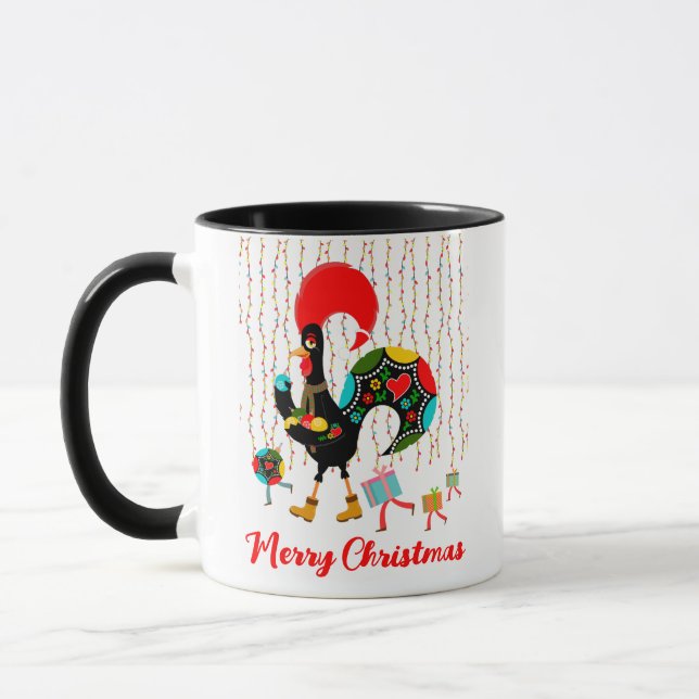 Christmas lights, baubles, presents and Rooster Mug (Left)